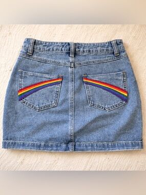 Forever 21 Denim Mini Skirt Rainbow Pocket Y2K Festival